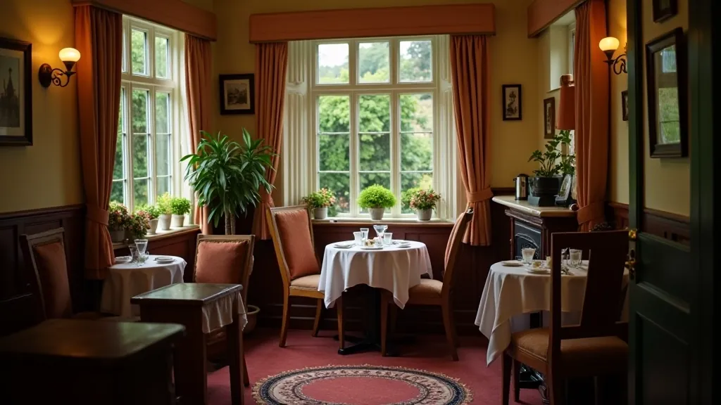 Victorian-style tearoom interior with tables, chairs, and afternoon light from windows