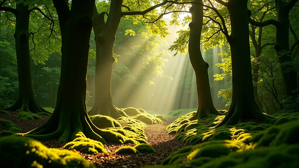 Sunlight filtering through dense canopy of mature beech and oak trees creating dappled forest floor