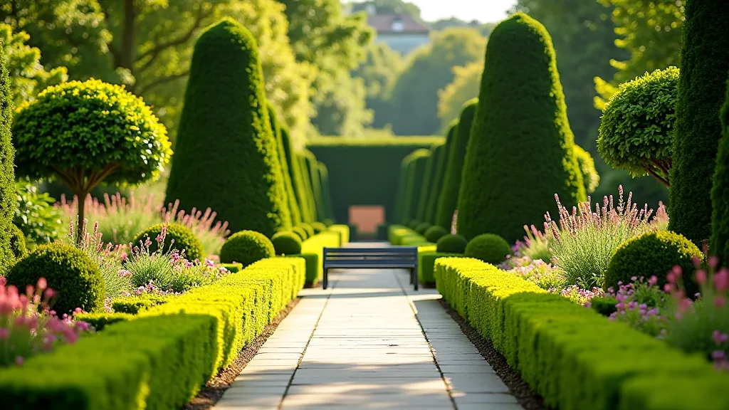 Formal garden with manicured hedges, flowering plants, and stone pathways in afternoon sunlight