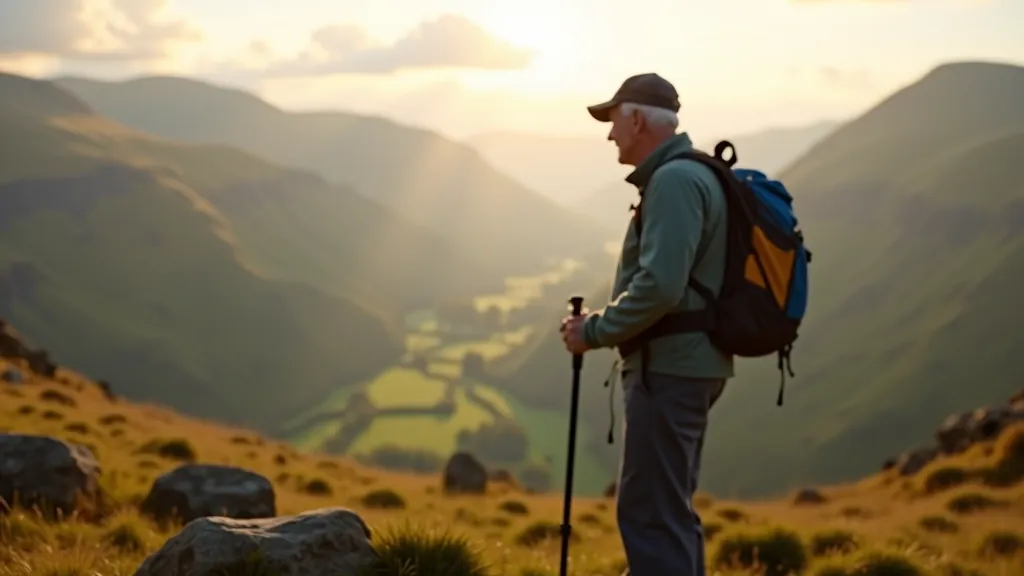 Hiker with walking stick pausing at mountain overlook, valley views stretching below, morning light, portrait from chest up