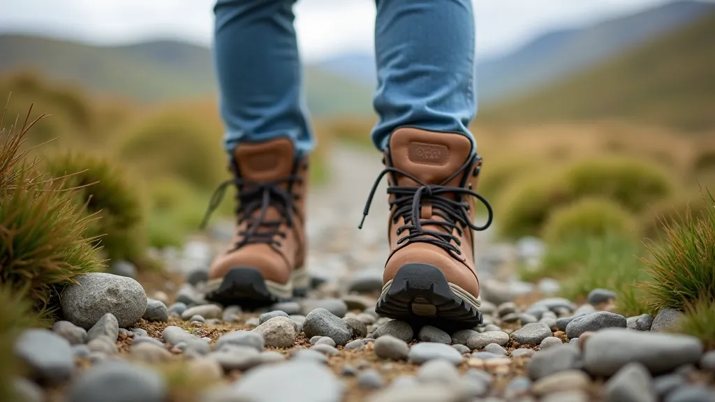 Walker's boots on rocky mountain path, trail winding upward through natural landscape