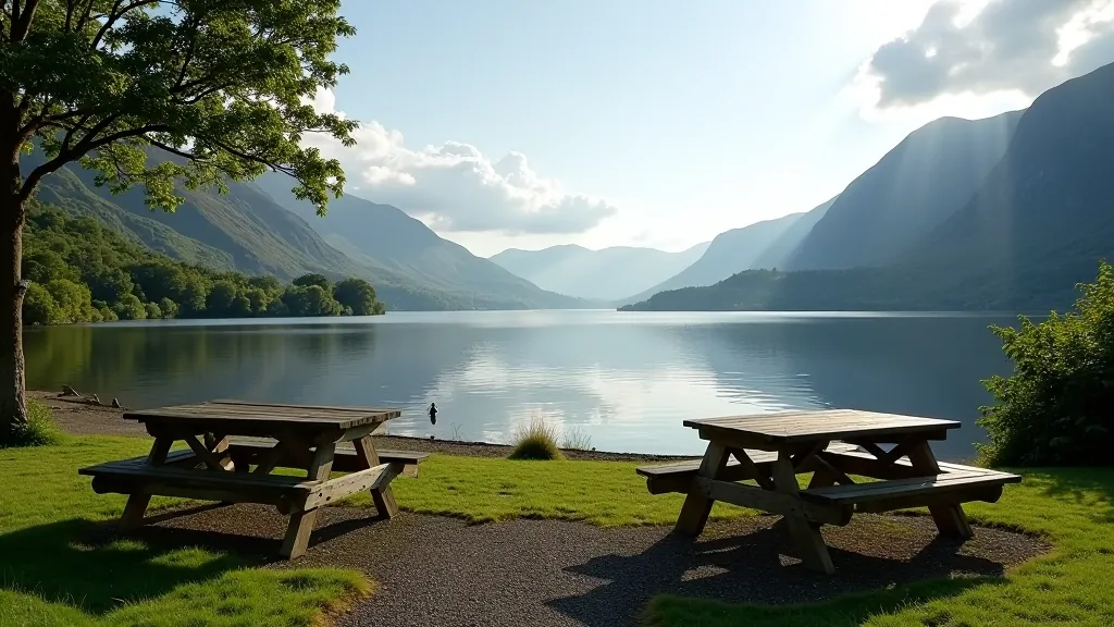 Peaceful lakeside rest area with picnic tables, benches, small building, quiet water view, few visitors
