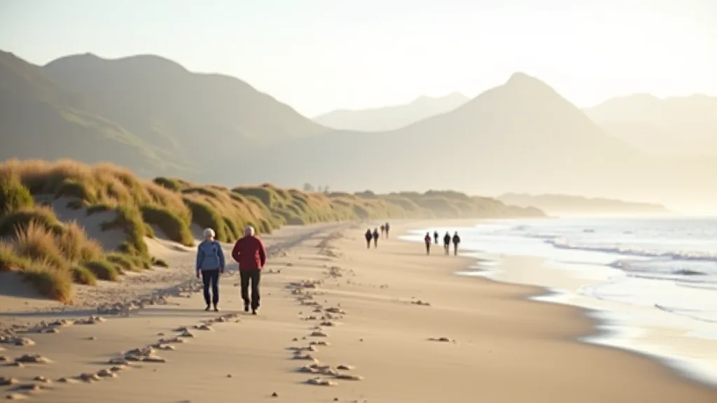 Wide sandy beach with dunes, few visitors walking, mountains visible in distance across water