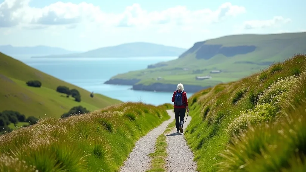 Scenic coastal path with green hills overlooking water and mountains in distance