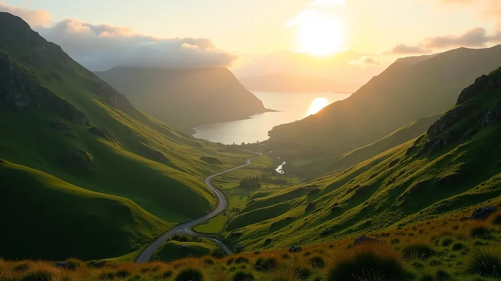 Scenic mountain landscape along the Ring of Kerry with winding road
