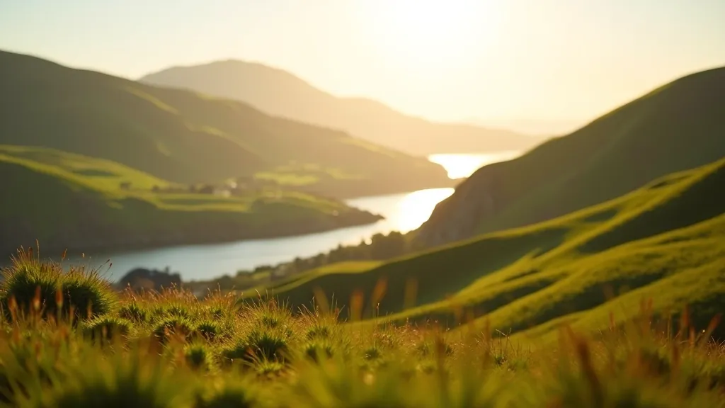 Beautiful scenic view of Ring of Kerry showing rolling green hills and coastal landscape