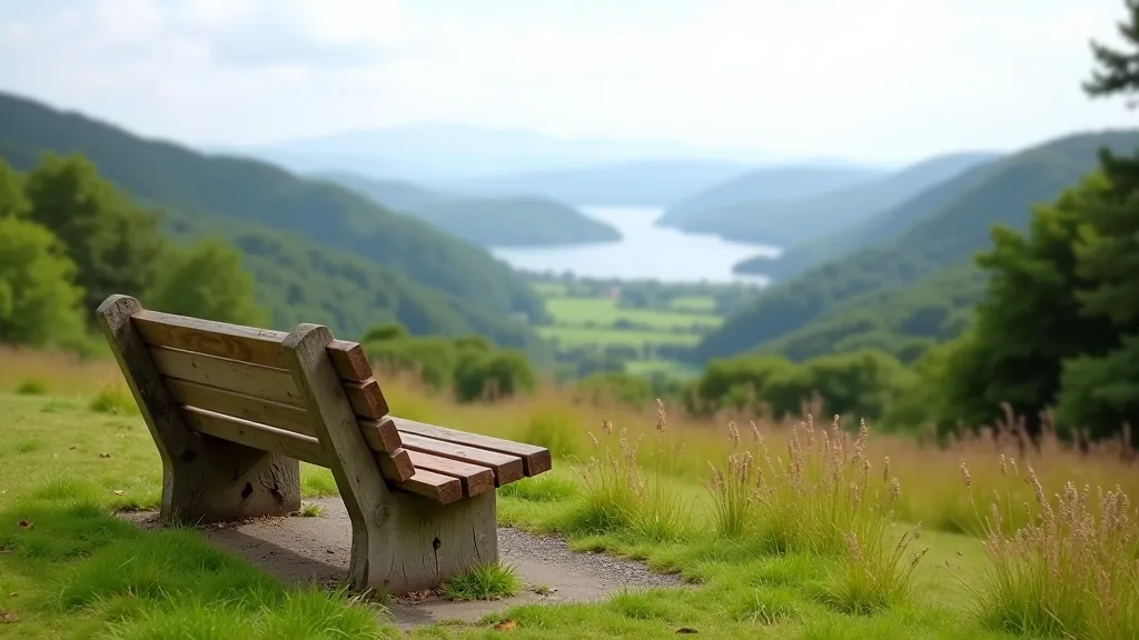 Wooden bench overlooking valley with lake below and forested slopes on hillside