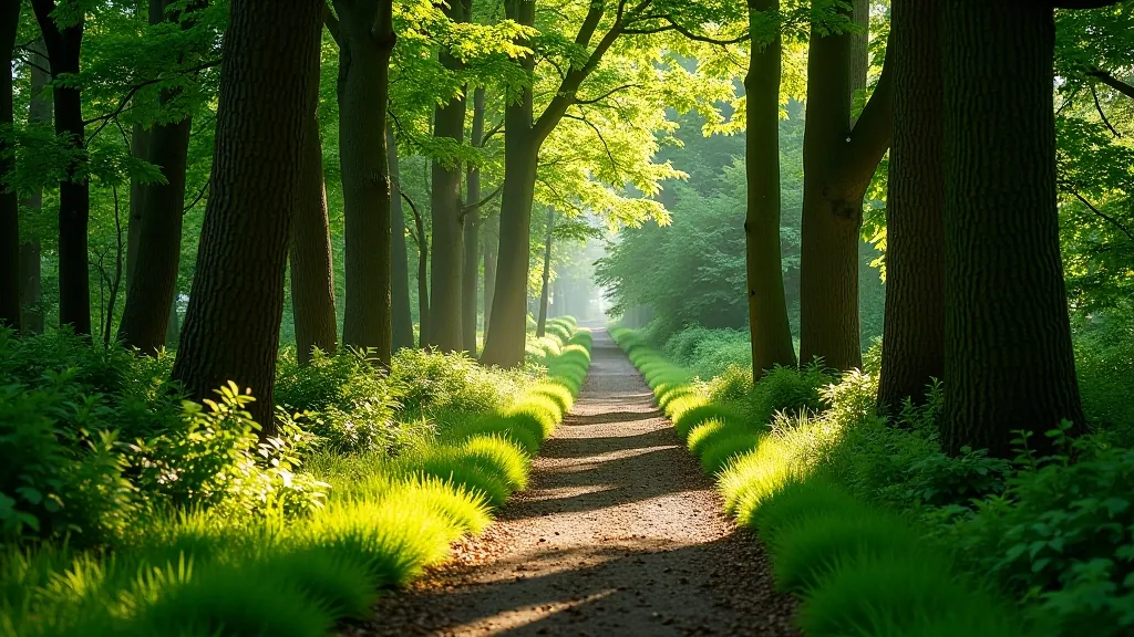 Mature trees with dappled light on forest floor path winding through woodland area